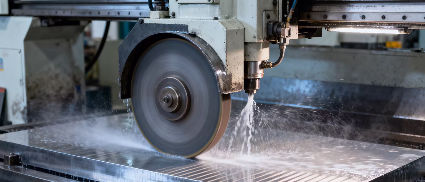 Surface grinding a metal plate with coolant